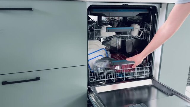Upper rack inside dishwasher filled with various dishware and containers in clean, modern kitchen