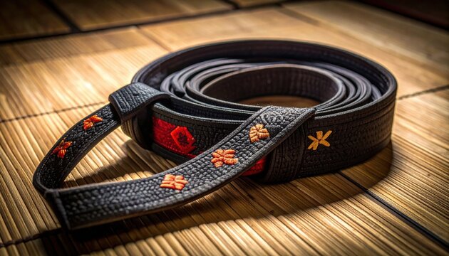 Close-up of a traditional martial arts belt with intricate embroidered details and a wooden textured background