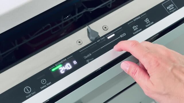 Dishwasher control panel featuring buttons for Eco mode, Quick settings, and Delay Start functionality