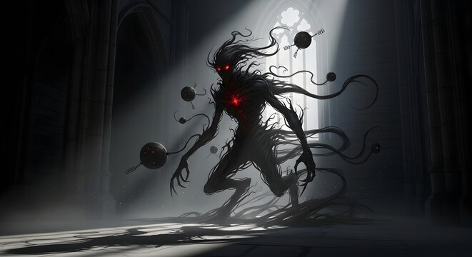 Ethereal Shadow Lurking in Ancient Halls A Dark Entity's Sinister Presence