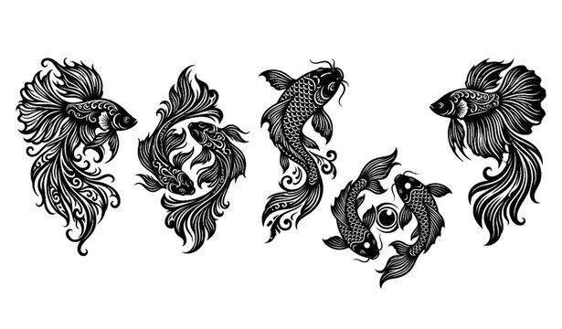 Ornamental fish silhouette set betta koi and twin fish vector isolated on white