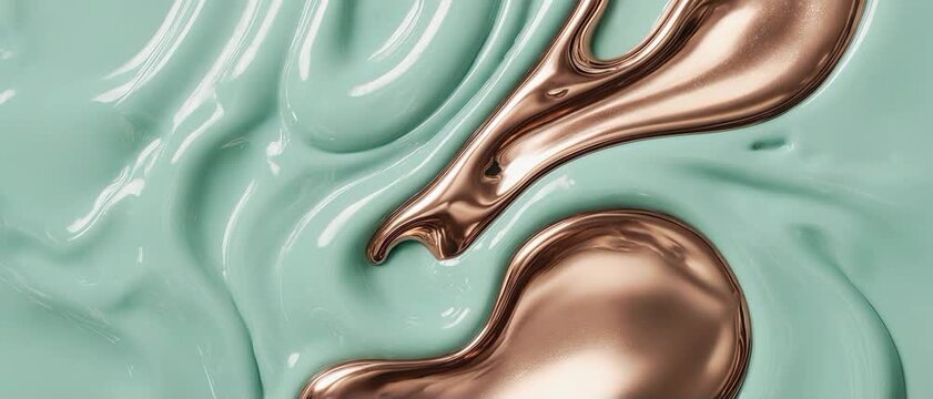 Soft Mint Green and Metallic Copper Fluid Blooming in Slow Motion