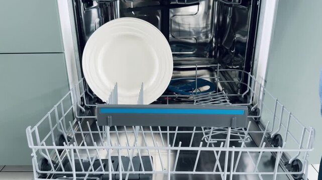 Dishwasher interior with upper rack containing clean white ceramic plates and silverware basket