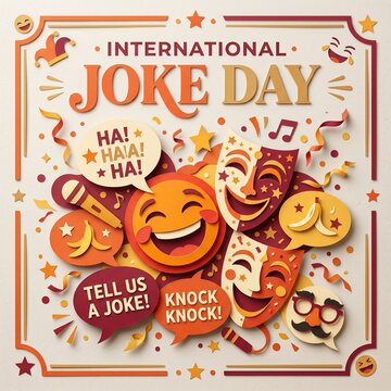International Joke Day Celebration Banner with Funny Cartoon Faces and Comic Speech Bubbles