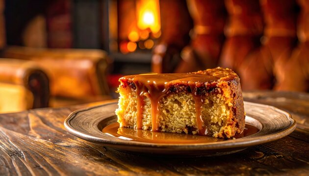 A rich slice of moist sticky toffee pudding with warm caramel sauce served on a rustic plate with a fireplace glow.