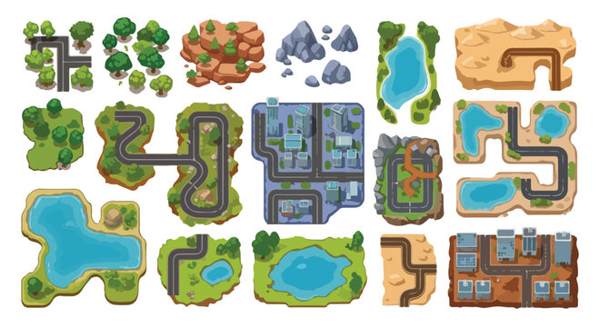 Isometric map tiles collection, 15 game landscape elements with roads and nature, top view world building kit for mobile gaming and strategy apps