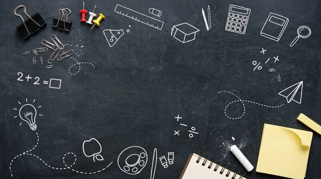 Diverse school supplies and educational chalk drawings on a dark chalkboard background ideal for learning and study concepts