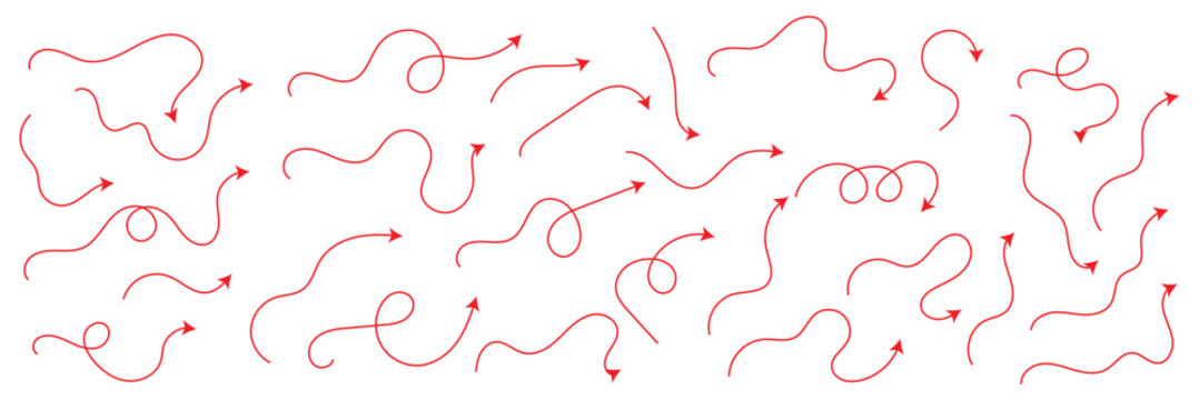 Squiggly arrows doodle set. Curve and Spiral comic symbols in sketch style. Hand drawn vector illustration isolated on white background . Vector Illustration . EPS 10 .