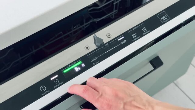 Control panel featuring settings like Auto, Quick, and Eco on a modern dishwasher appliance