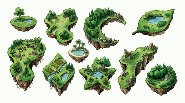 Isometric floating islands vector set, fantasy game map elements with forest and water, 10 magical flying land masses for world building