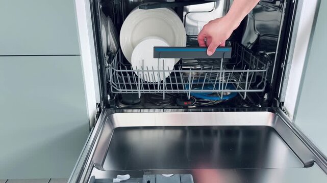 White ceramic plates arranged in upper rack of a modern dishwasher interior with stainless steel finish