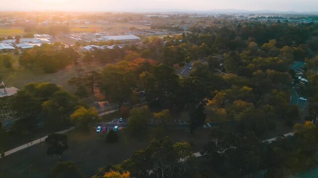 Aerial drone footage capturing the scenic autumn foliage and Lake Wendouree, panning around the road with light traffic before revealing the rest of the scenic lake at sunset.