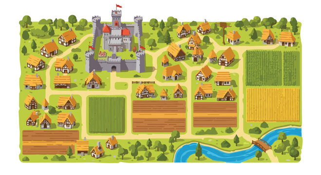 Medieval village map with stone castle and peasant houses, isometric fantasy kingdom landscape with farm fields and river, historical town vector illustration