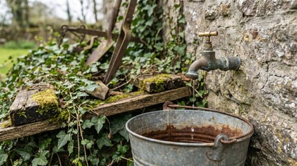 Fototapeta premium Dripping Tap Rustic Outdoor Scene Featuring Weathered Metal Surfaces Natural Daylight and Authentic Countryside Atmosphere