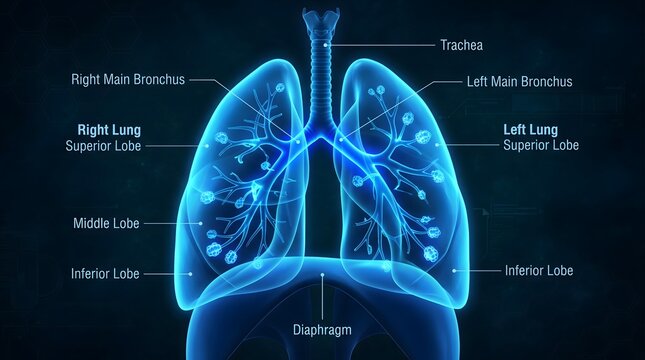 Anatomical illustration of human lungs with labeled parts and trachea