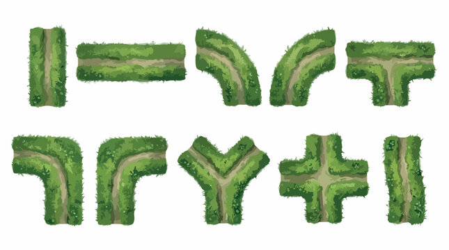 Green hedge maze constructor kit, 10 garden path vector elements, top view landscape map tiles for park design and game environment