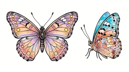 Naklejka premium Two watercolor butterflies with orange purple and blue wings on white butterfly insect animal nature