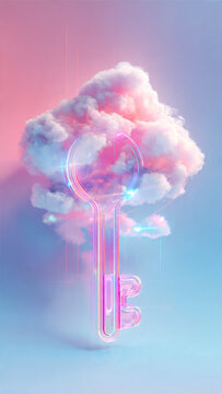 Cloud security concept with transparent key and glowing digital cloud