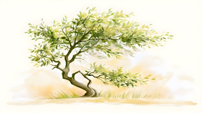 Serene marula tree illustration evokes calm nature beauty earthy tones botanical landscape design