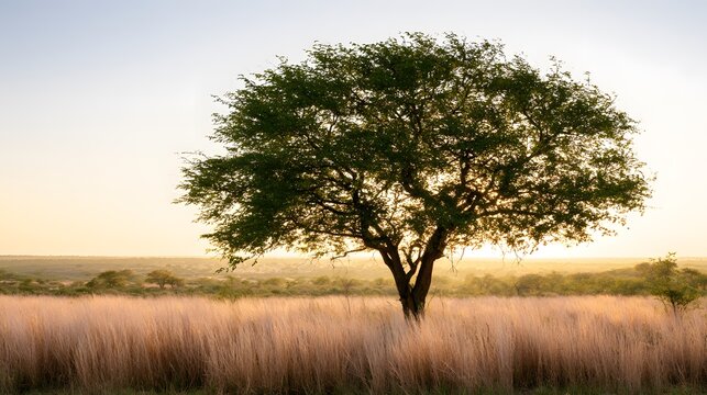 Serene African savanna landscape peaceful marula tree bathed in warm golden hour sunlight glow