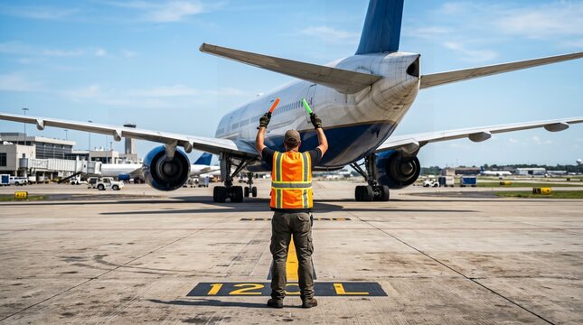 Airport Marshall Guiding Jumbo Jet on Taxi