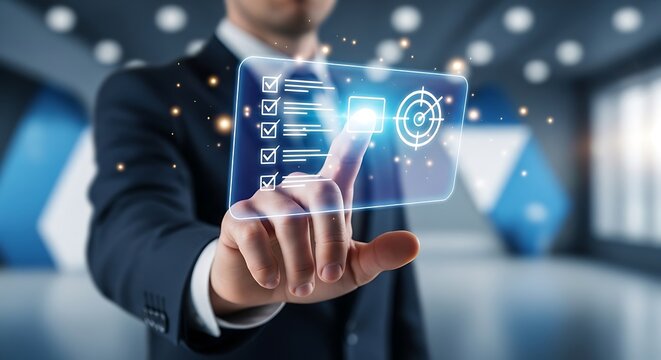Businessman touching a glowing digital checklist interface with a target to manage business objectives and track project milestones effectively