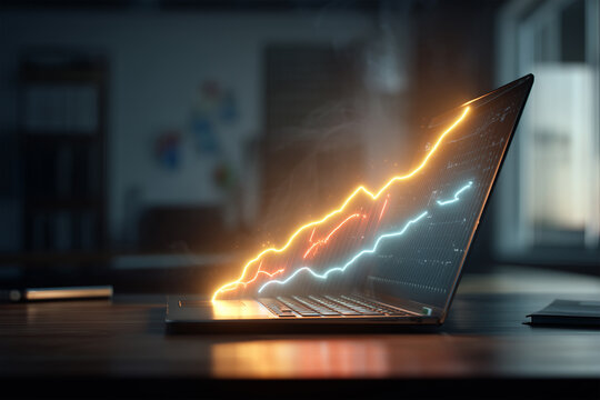 Glowing line chart appears above laptop keyboard in studio setting during evening hours