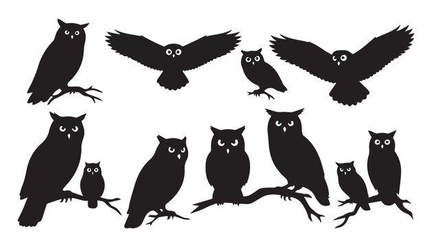 black and white silhouette set of owl very high quality vector illustration.