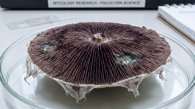 Macro of Dried Psilocybe Mushroom Gill Blades with Spore Deposits Veil Remnants and Bruising Zones