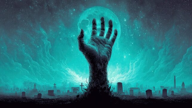 Zombie hand reaching from a graveyard under a full moon in a spooky night scene