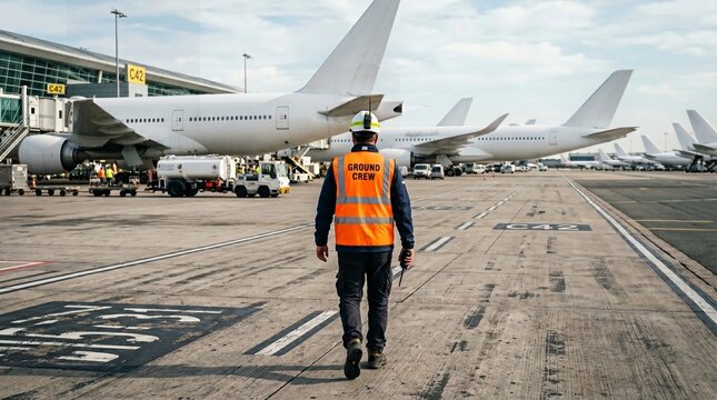Airport Ground Crew Worker Walking Near Passenger Airplanes