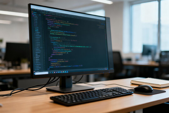 Computer monitor displaying code with keyboard, mouse, and notebook on office desk