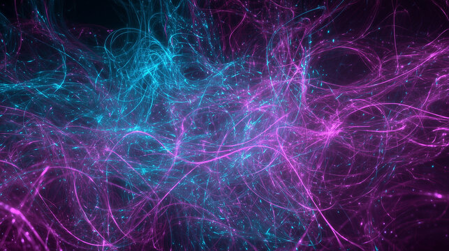 暗闇に広がるネオンカラーの光ファイバーと抽象的なエネルギーの波