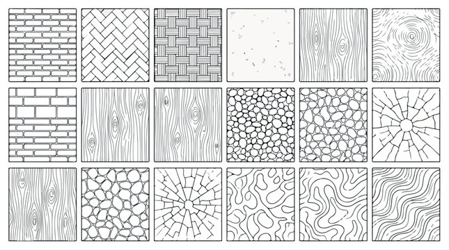 Architectural texture patterns set, 18 seamless vector swatches for CAD and floor plans, black and white line art material symbols for construction