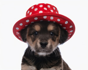 Ein kleiner niedlicher Hund mit einem Rotem Hut der weiße Punkte hat