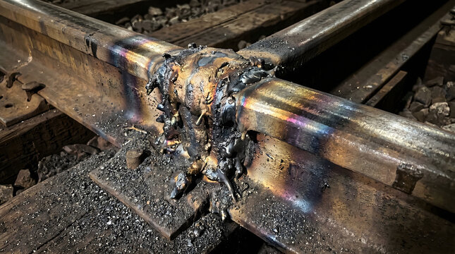 Macro of Thermite Rail Weld Cooling Collar with Iridescent Heat Oxidation Spectrum and Slag Nodules