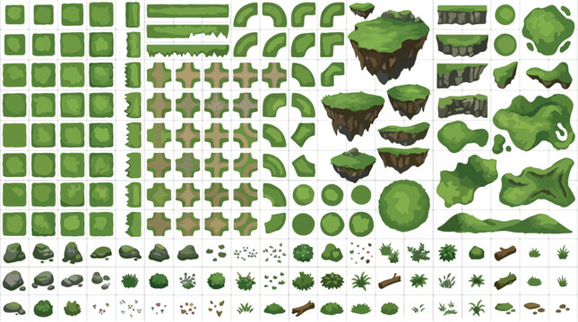 Pixel art game tileset with green grass platforms, floating islands and nature environment assets, 2D side-scroller level design kit, vector game sprites