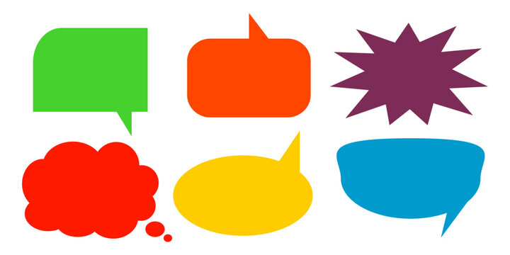 A simple design set of colorful message comment chat boxes. A collection of comic and social media speech bubbles, text boxes, and chat boxes. A vector set of comic and social media speech bubbles.