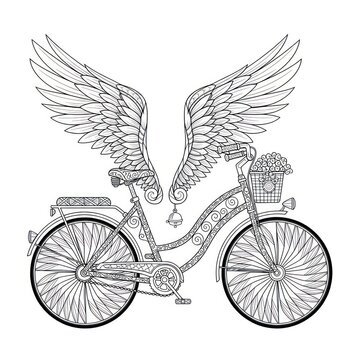 Elegant line drawing of a vintage bicycle with feathered angel wings