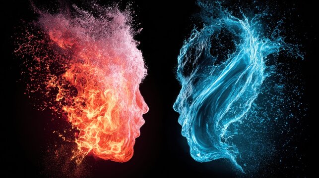Fire and water faces facing each other on a black background.