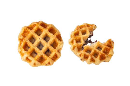 Belgian waffles coated in sugar and filled with sweet red bean paste, perfect for breakfast or as a snack. Image on white background.