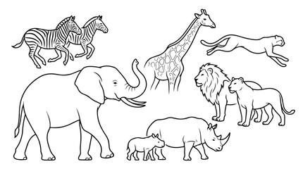 African safari animal vector set, hand drawn wild animal line art collection, elephant lion giraffe and rhino coloring page illustrations © Saad