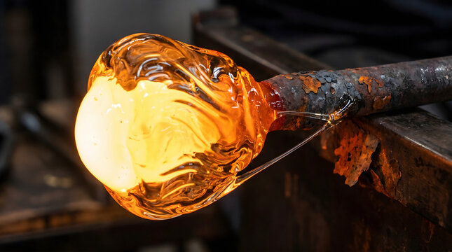 Macro of Molten Glass Gather on Blowpipe with Incandescent Surface and Cooling Viscous Skin