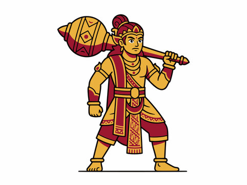 Pixel Art Illustration of Traditional Indonesian Warrior Deity Holding a Gada Mace