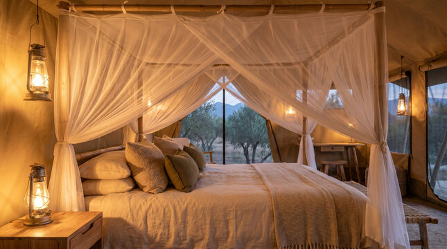 Luxury safari tent bedroom at sunset, cozy travel retreat with copy space