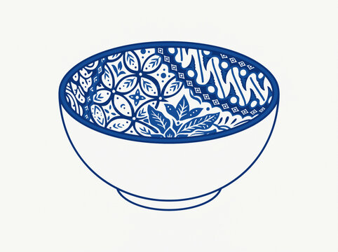 Vector illustration of a white bowl with blue batik pattern inside