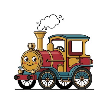 Cartoon steam locomotive with cheerful face and coal car.