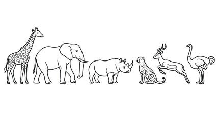 African safari animals vector set, hand drawn wild animal illustrations, black and white outline of giraffe elephant rhino cheetah gazelle and ostrich © Saad