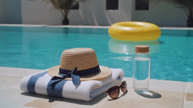  Yellow Inflatable Lilo with Sunhat and Sunglasses in Blue Pool, swimming pool in the hotel