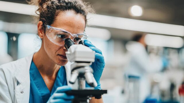 Scientist in protective gear meticulously examines specimen under a microscope in a lab